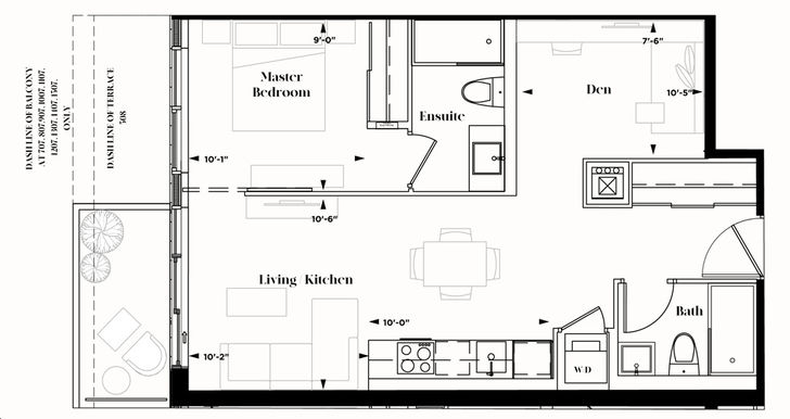 The Davis Condos By The Rose Corp Model AD 1 Floorplan 1 Bed 2 Bath