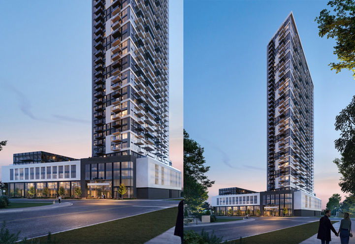 1515 Pickering Parkway Condos Split Screen Lower Level & Tower at Dusk