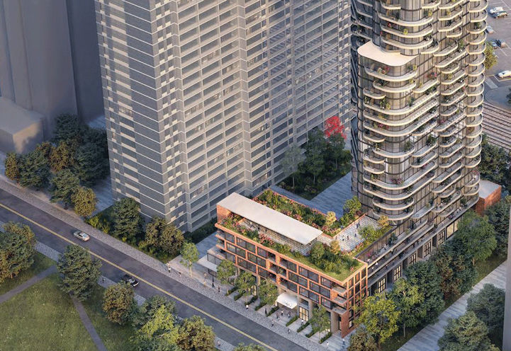 Aerial View of Podium, Tower, Greenspace at 25 Mabelle Avenue Condos