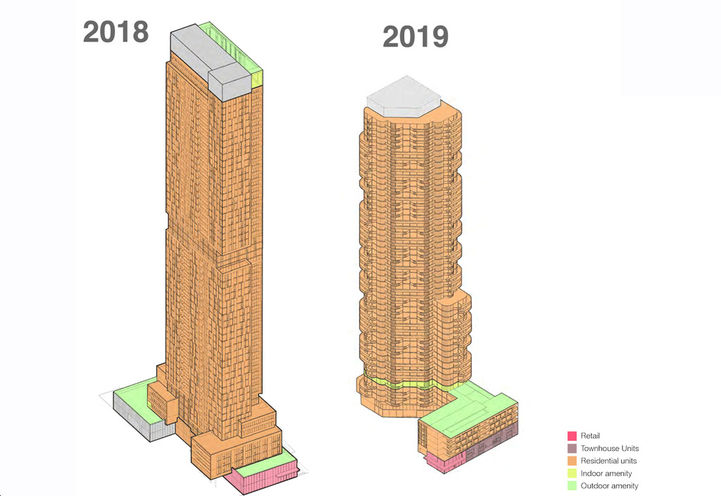 Former and Current Massing Diagrams of 25 Mabelle Avenue Condos Tower