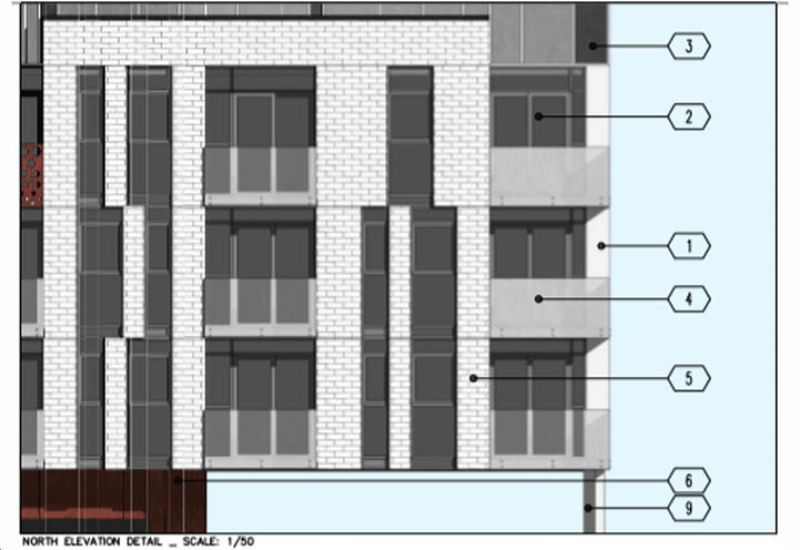 Colour North Elevation Sketch of Building Exterior and Balconies