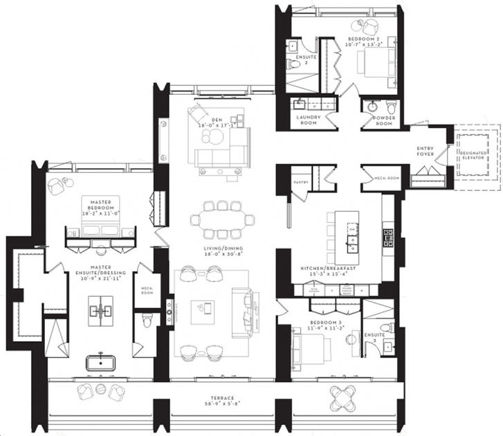 50 Scollard Condos by Lanterra |9N Floorplan 3 bed & bath