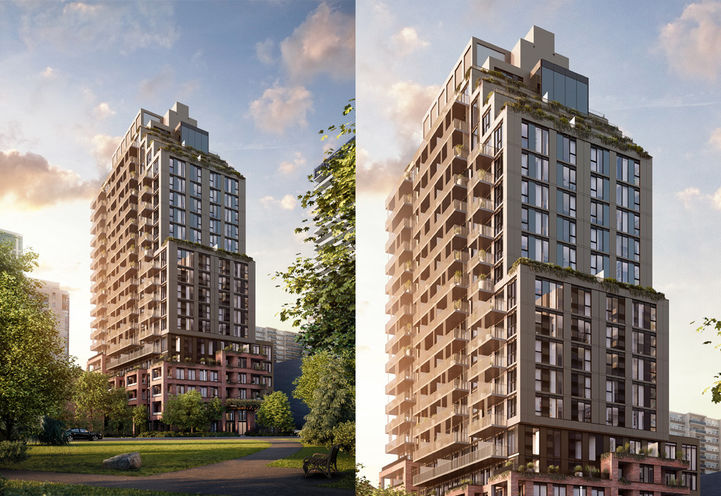 AKRA Condos Split Screen Exterior View of Tower and Upper Levels