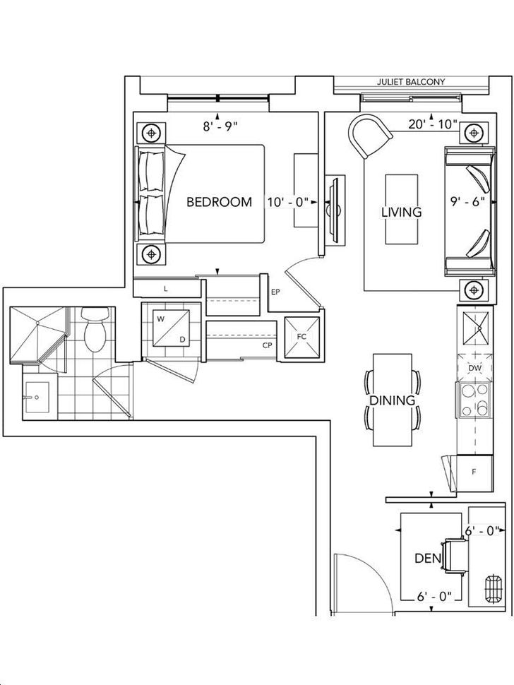 Bloorvista by Tridel |1B+D Floorplan 1 bed & 1 bath