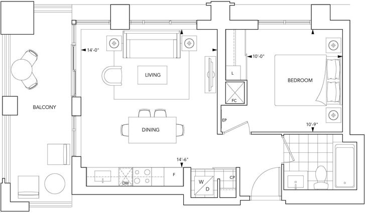 Bloorvista by Tridel |1D Floorplan 1 bed & 1 bath