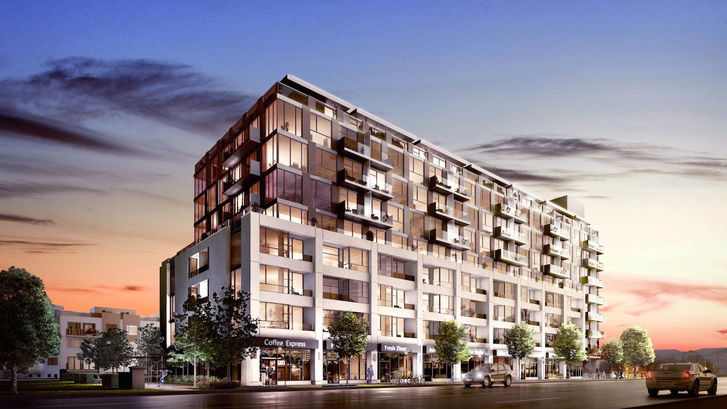 Aerial View of Danforth Square Condos at Dusk Early Rendering