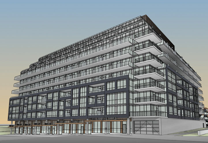 Ground Level View of the Mixed-use Building at 250 Danforth Rd