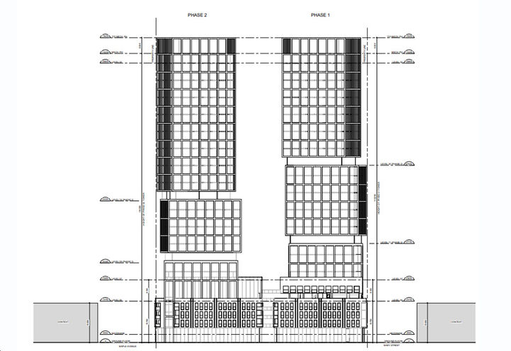 Debut Condos 2, Black and White Elevation Drawing of Two Condo Towers Looking North Early Rendering