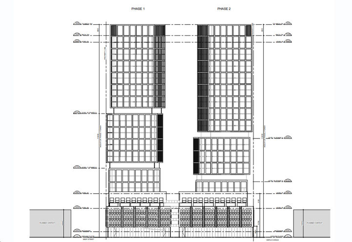 Debut Condos 2, Black and White Elevation Drawing of Two Condo Towers Looking South Early Rendering