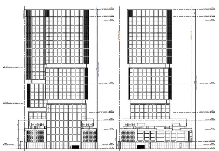 Debut Condos 2, Black and White Elevation Drawing of Two Condo Towers Looking West Early Rendering