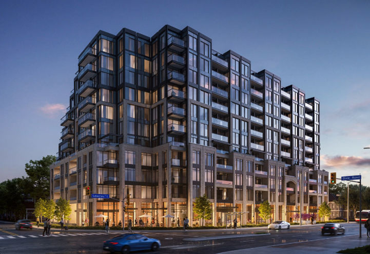 Exhale Condos Exterior View of Building at Dusk