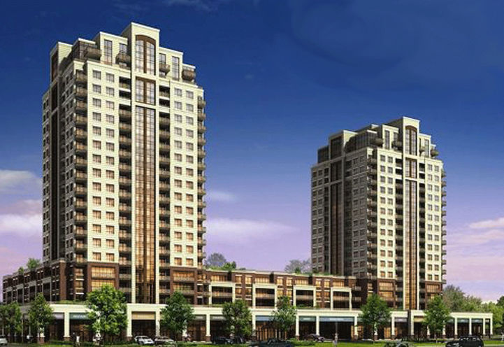 Street Level View of Both 20 Storey Towers at Imperial Gate Condos