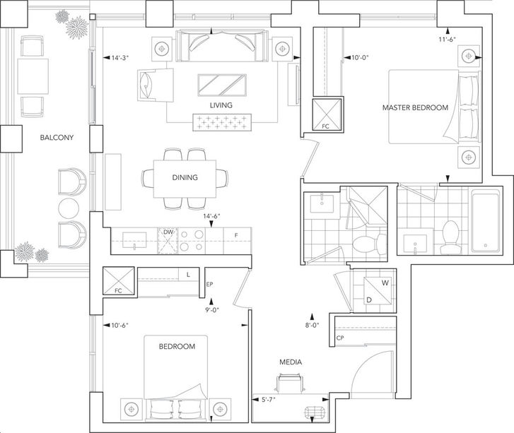 Islington Terrace Condos by Tridel |2F+M Floorplan 2 bed & 2 bath