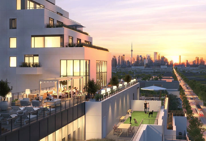QA Condos Outdoor Terrace and Amenity Spaces at Dusk
