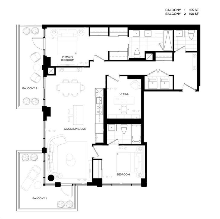 The Capitol Residences by Madison |M2F+D Floorplan 2 bed & 2.5 bath