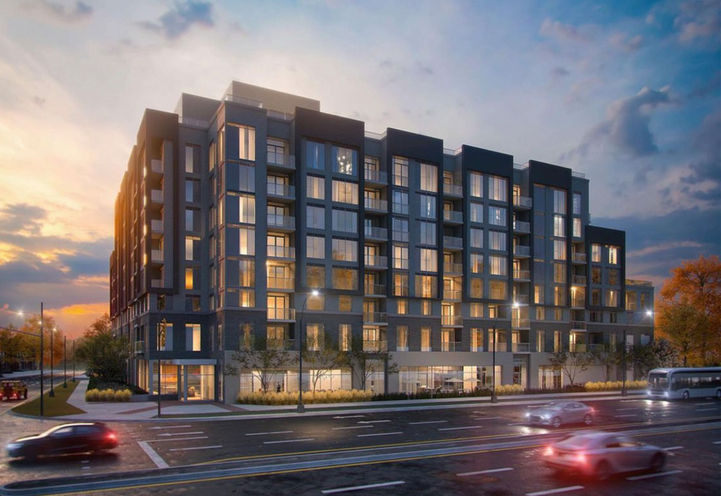 The Post Condos Exterior Building View at Dusk