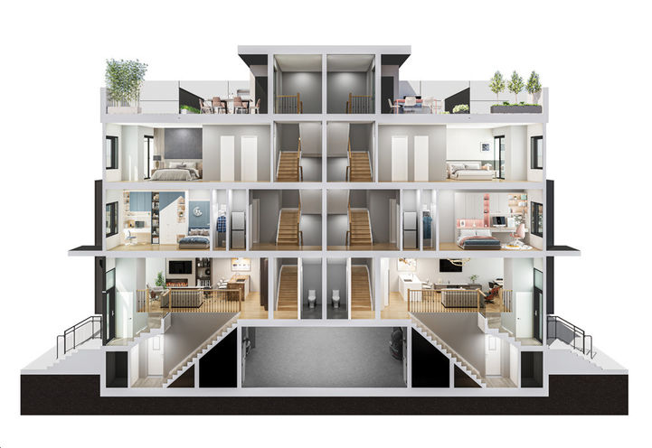 The Towns of Lambton Mills Dollhouse View of Unit Interiors