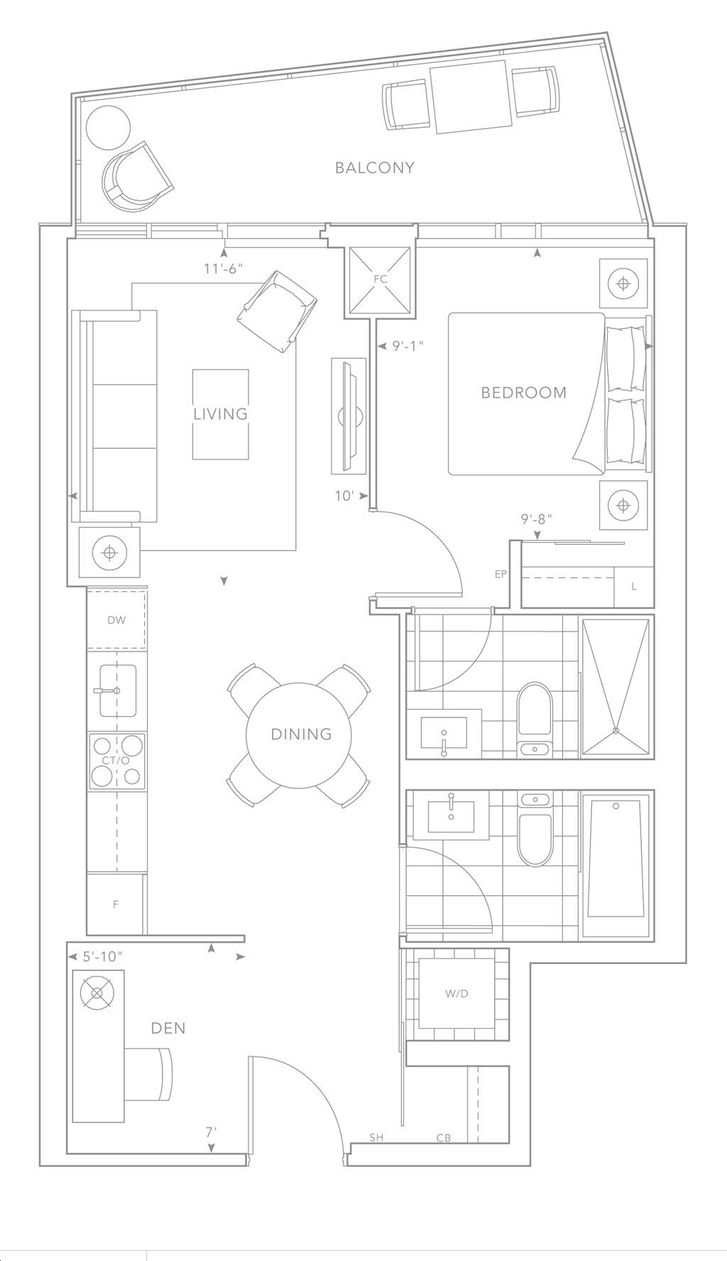 The Well Condos 2 by Tridel 1F+D Floorplan 1 bed & 2 bath