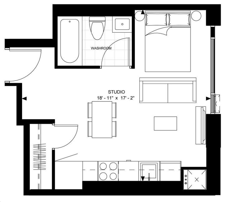 Theatre District Condos by Plaza |B-2 (JR FLex) Floorplan bed & 1 bath