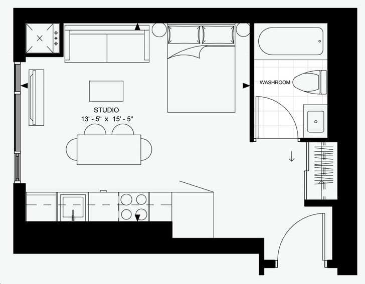 Theatre District Condos by Plaza |B-3 (JR Flex) Floorplan bed & 1 bath